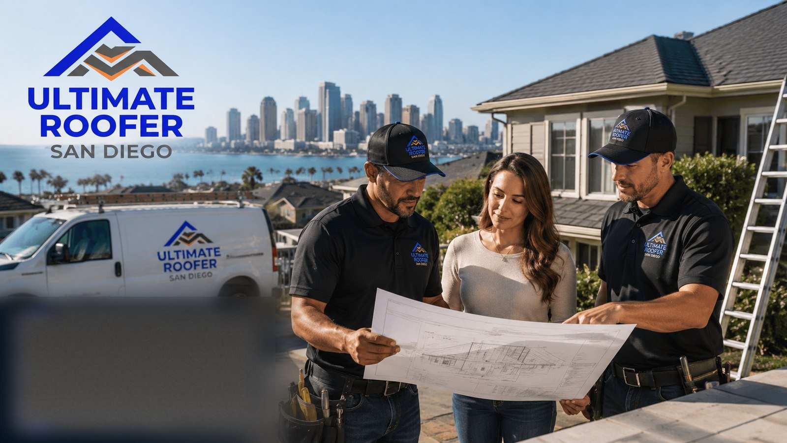 Bradley Cooper and the Ultimate Roofer San Diego crew reviewing plans in front of a clay tile-roof home in the Gaslamp Quarter, with the Downtown San Diego skyline visible behind them and the branded service van in the driveway